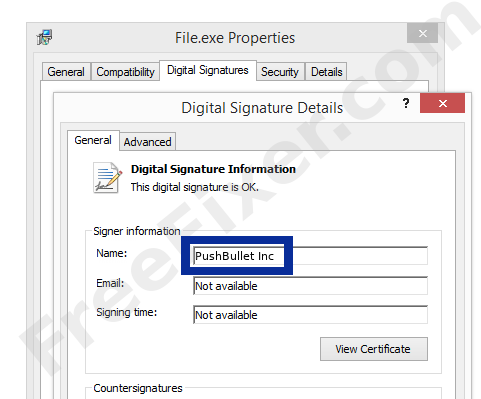 Screenshot of the PushBullet Inc certificate